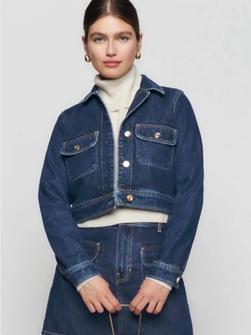 Reformation | Denim Cropped Jacket in Dark Blue | Size M